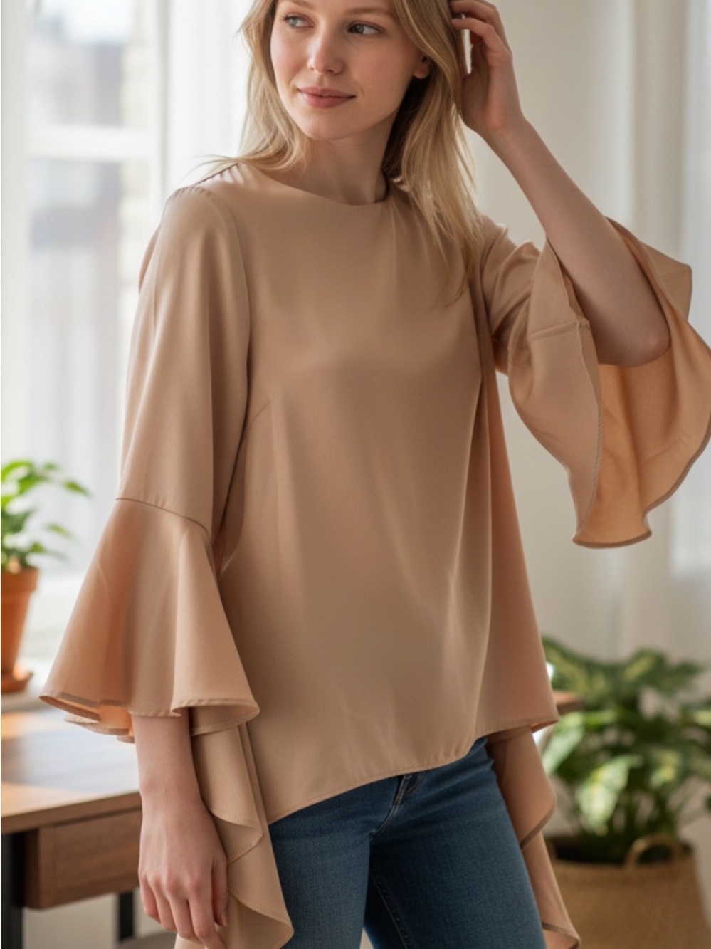 Gracia Bell-Sleeve Flowy Blouse